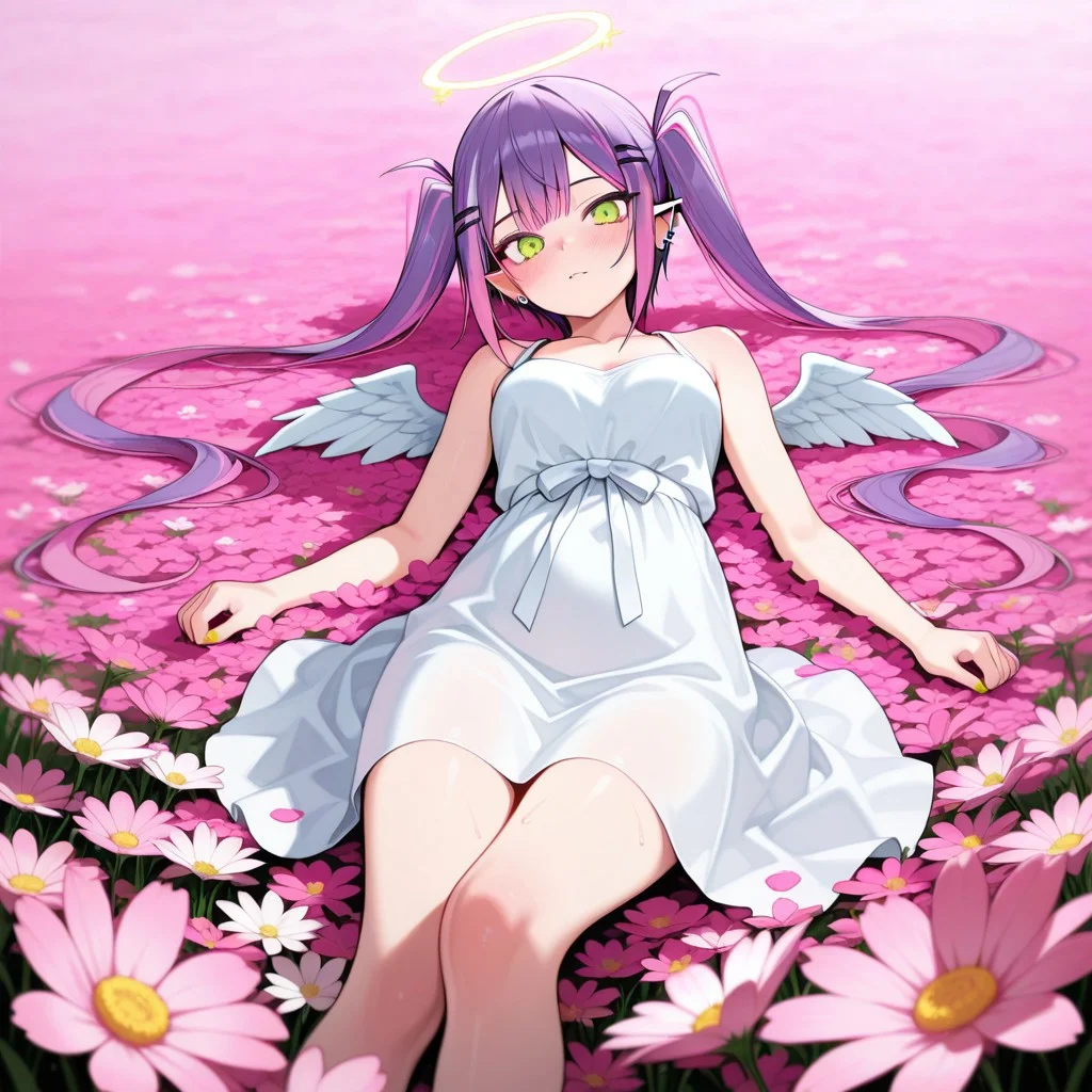 masterpiece, best quality, amazing quality, in flower field, tokoyami towa, pointy ears, long white dress, angel halo, devil horns, angel wings,