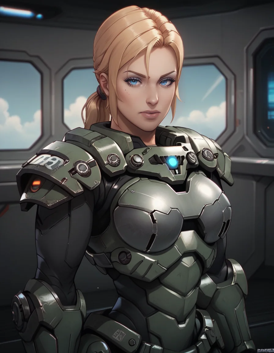 score_9, score_8_up, score_7_up,
1girl, solo,
icesstdg,
blonde hair, blue eyes, looking at viewer, ponytail,
half-closed eyes,
spacecraft interior, science fiction,
armor, black bodysuit, gauntlets,
<lora:Ice SS Troopers PXL v01-000001:1>