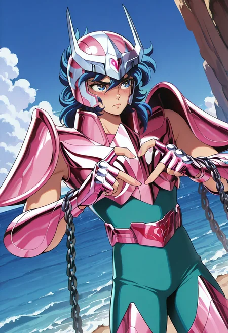 IKKIV2IL,1boy,heart hands,circlet,blue hair,wavy hair,blue eyes,slender male,frown,grumpy<lora:Phoenix_Ikki_V2_Saint_Seiya_ILXL:0.8><lora:Andromeda_Shun_Saint_Seiya_ILXL:1>pink pauldrons,pink two pronged helmet,full torso armor,pink vambraces,fingerless pink gloves,pink thighhigh greaves,green pants,pink belt,pink boots,chains,blush,cowboy shot,upper body,dutch angle,outdoors,cliff,ocean, very awa, masterpiece, best quality, amazing quality, very aesthetic, absurdres, sensitive, newest <lora:spo_sdxl_10ep_4k-data_lora_webui:0.7>,