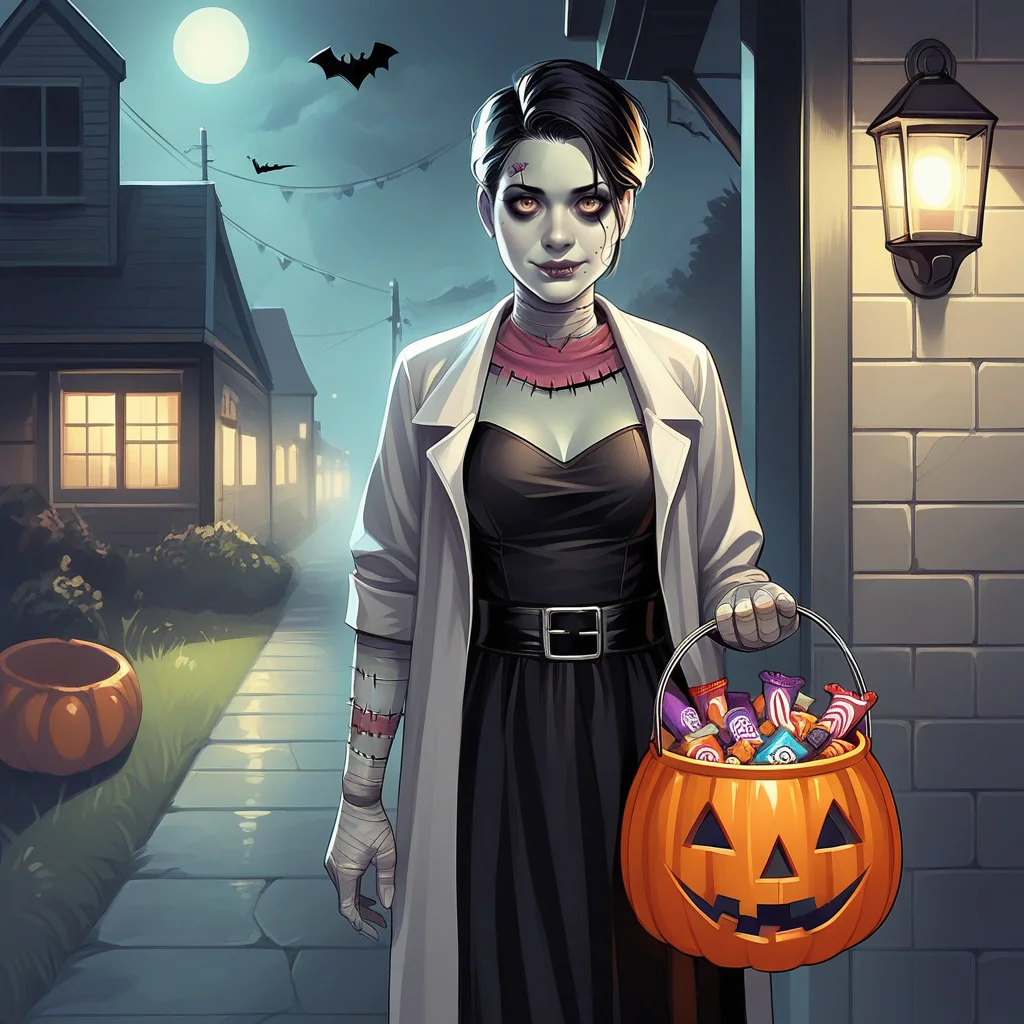 score_9, score_8_up, score_7_up, score_6_up, score_5_up, score_4_up, zPDXL2,source_anime,rating_questionable,solo, 1girl, Frankenstein, zombie, Halloween costume, <lora:Halloween_Bucket:0.8> h4llbck, halloween bucket, looking at viewer, candy, outdoors