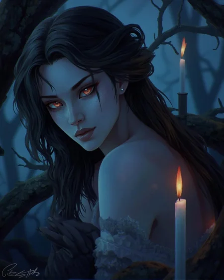 <lora:ck-LttleGhost-000011.safetensors:1> in the style of ck-lttlegh0stA sophisticated woman with porcelain skin and luscious dark hair gazes out from a digital artwork, her eyes shimmering with an otherworldly energy. She wears a flowing, mysterious gown that seems to be made of silk or gossamer threads, the color shifting like the aurora borealis. The setting is a twilight dreamscape where shadows writhe and candlelight flickers, casting an eerie glow on the subject's haunting beauty.