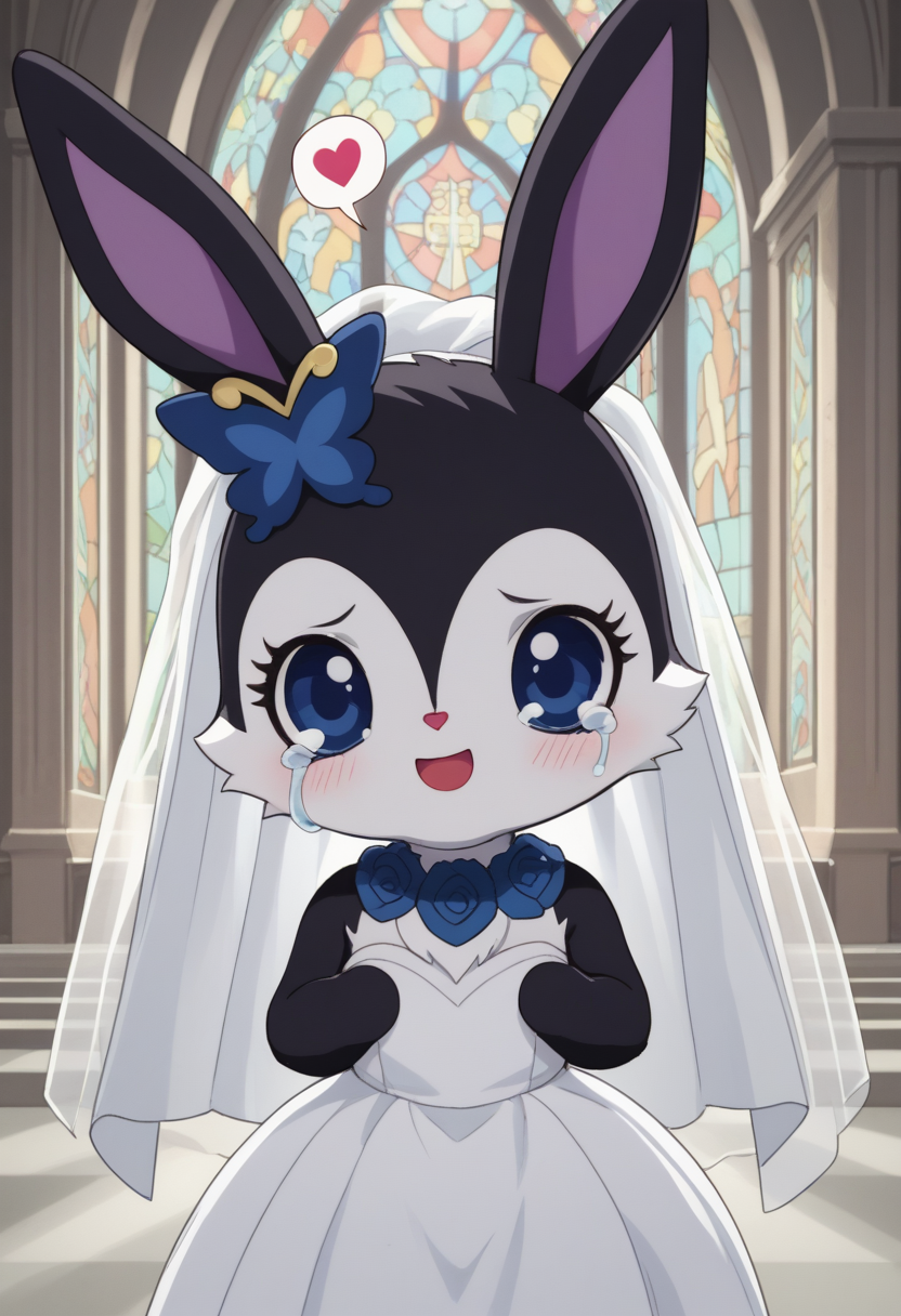 score_9, score_8_up, score_7_up, score_6_up, score_5_up, BREAK
luea, anthro, solo, blue eyes, rabbit, furry, rabbit ears, black fur, purple inner ear, white chest fur, white face, chibi, body fur, (blue butterfly hair ornament), (blue rose necklace), 1girl, looking at viewer, church, wedding dress, wedding veil, tears, crying, happy, spoken heart