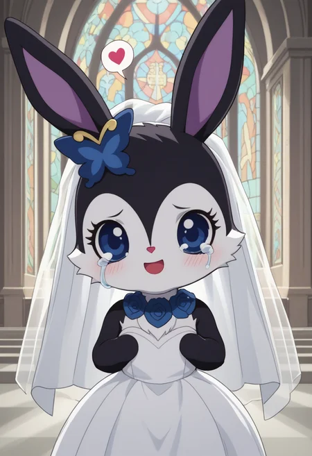 score_9, score_8_up, score_7_up, score_6_up, score_5_up, BREAK
luea, anthro, solo, blue eyes, rabbit, furry, rabbit ears, black fur, purple inner ear, white chest fur, white face, chibi, body fur, (blue butterfly hair ornament), (blue rose necklace), 1girl, looking at viewer, church, wedding dress, wedding veil, tears, crying, happy, spoken heart