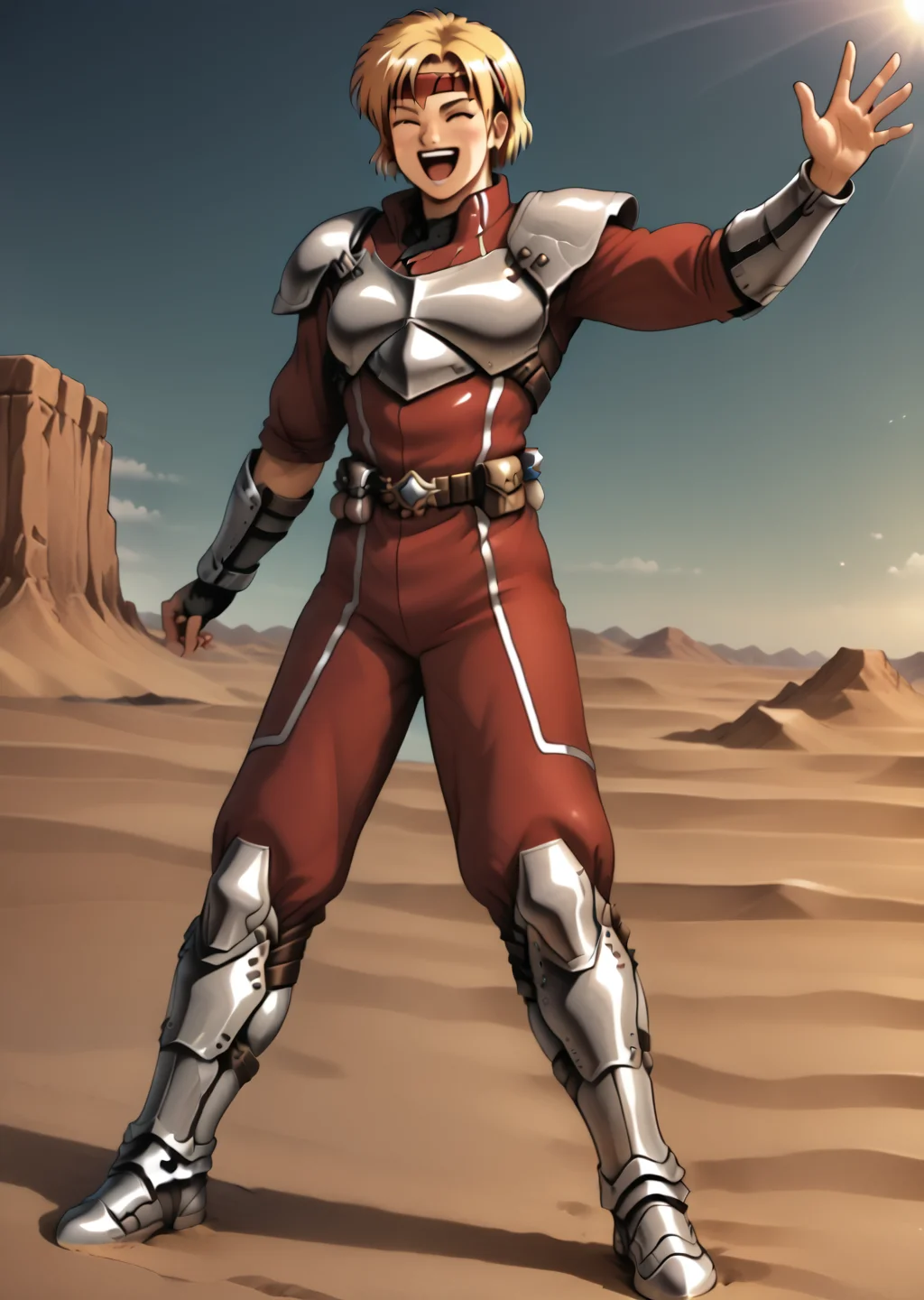 Chaz Ashley, solo, standing, desert, dynamic pose, armor, uniform, headband, laughing, <lora:Chaz_Ashley-000011:1>