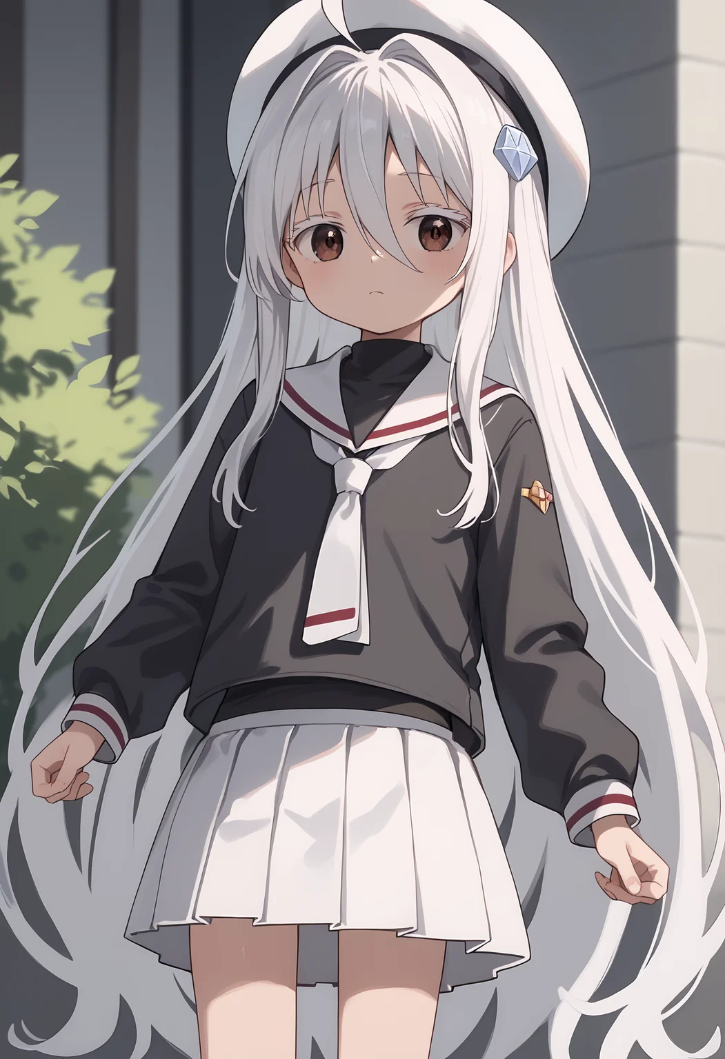 score_9, score_8_up, score_7_up,
1girl, solo, HikariKongou, child, long hair, very long hair, white hair, hair ornament, white eyelashes, hair between eyes, ahoge, brown eyes, <lora:HIKARI_PONY:0.6>
ct_c4ptor, ct_m4k4m0, black serafuku, white necktie, white sailor collar, white skirt, mini skirt, white beret, looking at viewer, depth of field, <lora:Cardcaptor_Sakura_Clothing_Lora_ct:1>,