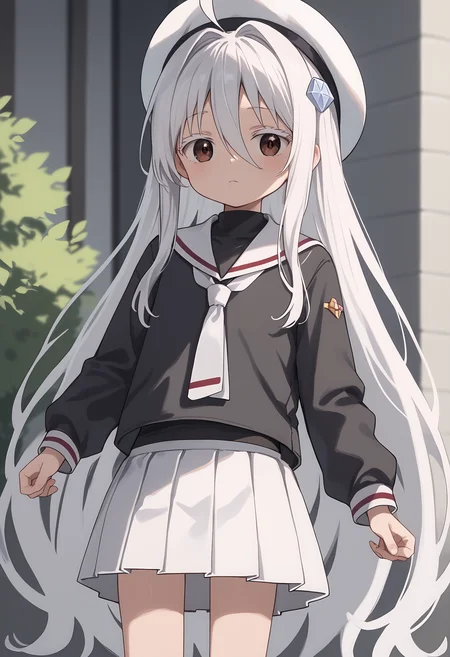 score_9, score_8_up, score_7_up,
1girl, solo, HikariKongou, child, long hair, very long hair, white hair, hair ornament, white eyelashes, hair between eyes, ahoge, brown eyes,  <lora:HIKARI_PONY:0.6>
ct_c4ptor, ct_m4k4m0, black serafuku, white necktie, white sailor collar, white skirt, mini skirt, white beret, looking at viewer, depth of field, <lora:Cardcaptor_Sakura_Clothing_Lora_ct:1>,