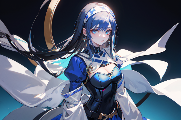 highly insanely detailed, masterpiece, top quality, best quality, highres, 4k, 8k, RAW photo, (very aesthetic, beautiful and aesthetic),  
beth_\(megami_tensei\),bethsmtii,shin megami tensei ii,long hair,black hair,straight hair,sleek black,jewelry,cross,headband,red_lipstick,messian_cross_earrings,cross_earrings,religious_earrings,messian_symbol_jewelry,white cape,cape_with_messian_symbol,Religious_cape,messian_symbol_cape,holy_knight_cape,bandana_with_messian_symbol,Religious_bandana,symbol_headband,messian_church_bandana,Blue_dress,armored_corset,blue shirt, 
<lora:zs_Beth:0.3>, 
(1girl:1.3), 1other, 
neon red background,neon orange background,neon black background,(colored marble background,gradient background),âââ