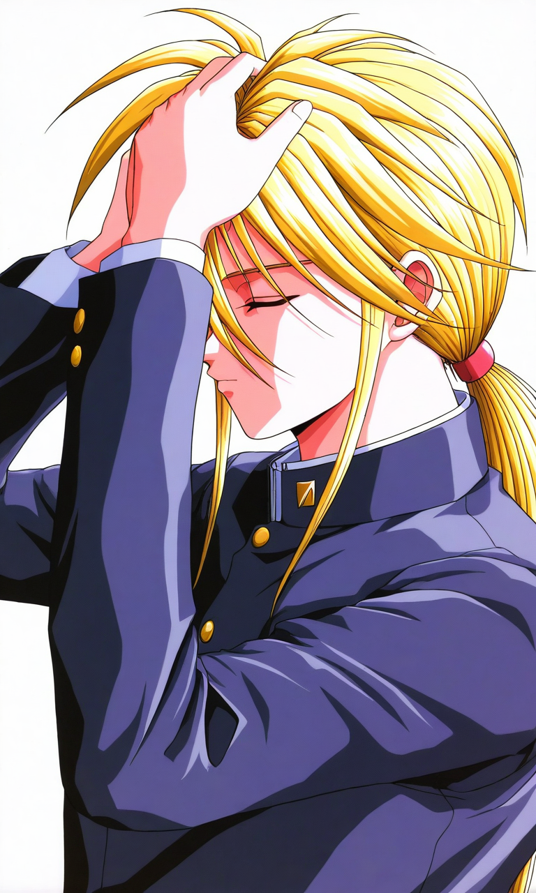 general,highres, ultra-detailed,very aesthetic,best quality ,best hands, BREAK <lora:Ijuuin_Rei_Tokimeki_Memorial_IS:1>
Ijuuin_Rei(Tokimeki_Memorial),  blonde hair, yellow eyes, hair between eyes, 
1boy, male focus, closed eyes, long hair, ponytail, school uniform, upper body, gakuran, simple background, hand in own hair, long sleeves, white background, low ponytail, closed mouth, hand on own head, profile