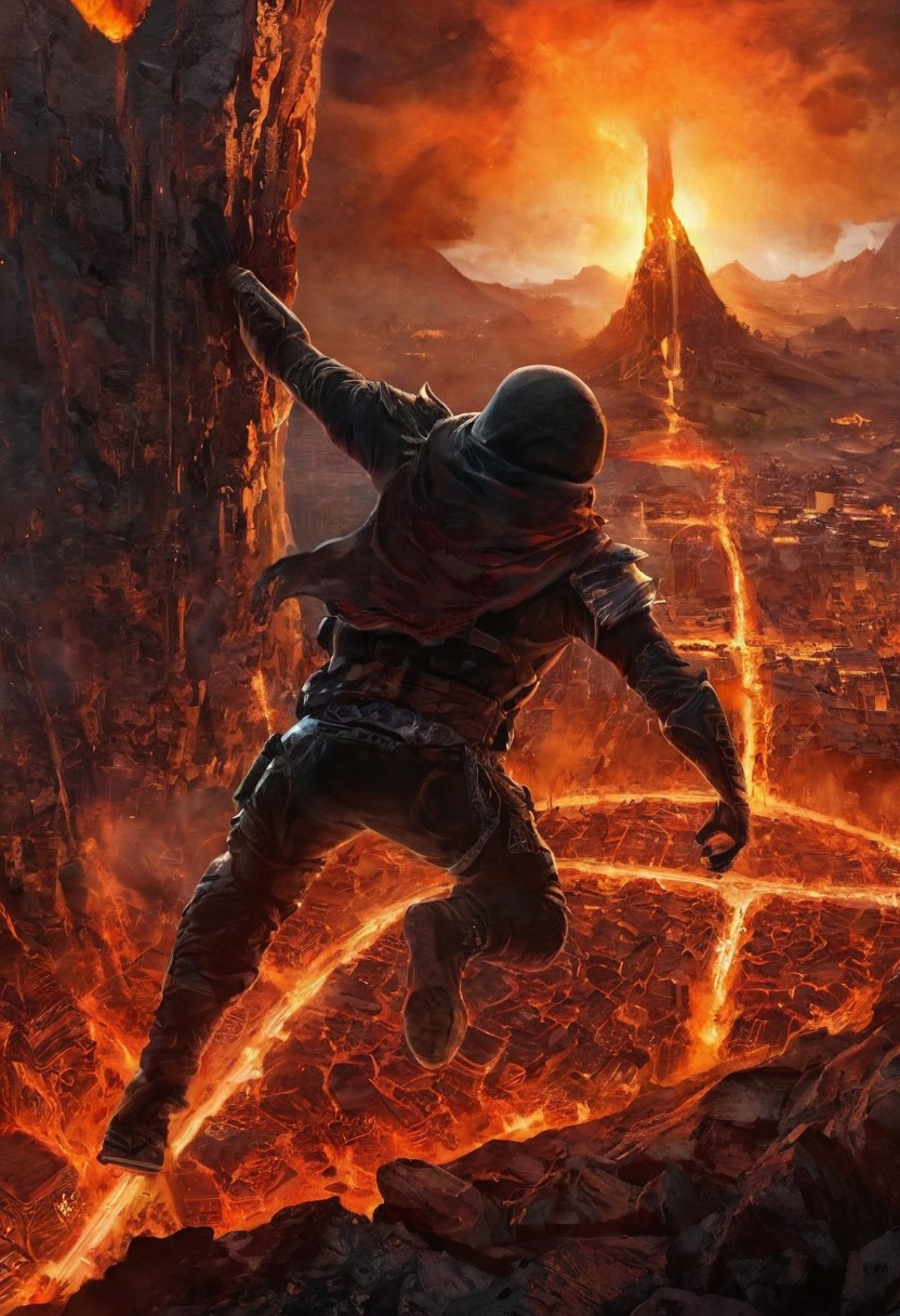 The beautiful city is in the belly of a volcano, 1boy, a ninja wearing a thick vest climbs the walls of the mouth of the mountains, looking down on a cityscape in lava, hands and feet in a climbing pose, climb in the mountain rocks, action climbing pose in the wall, from above shot, close-up, ninja wearing scarf and vest, clad in flowing, future city ​​in the belly of a volcano, lava, obsidian rock, cityscape, future city, tall building, clock tower, tower, steam, glass, castle, road, crowd, groups of crows flying around, glowing, shiny, scifi, intricate artistic color, cinematic light, radiant, vibrant, perfect symmetry, Grayscale, Dramatic spotlight, highly detail, Hyperrealistic 8k resolution Incredible details A masterpiece,