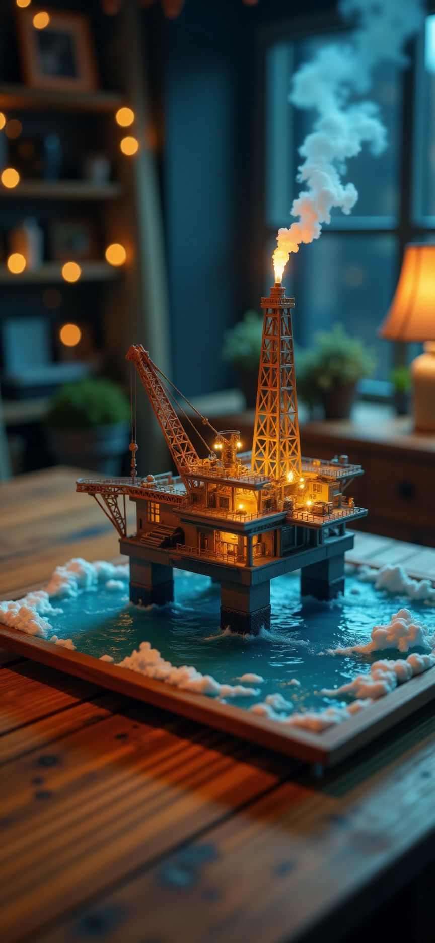 (indoors,indoor,isometric view,side view,tilt-shift lens:2), (fna_style,miniature,miniature,diorama,miniature,diorama,PVC,plastic:2),starry night (colorful:2) (offshore oil rig with platform:2) with pipe, (flame:0.5),  (splash,sea:1.3) in (wooden square plate:2), on (table:2) at (attic :2.5)   <lora:Fantasy_Novel_Art_Style:1> <lora:Rostpunk:0.3>