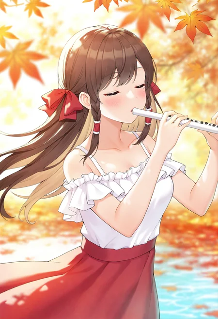 1girl, solo, skirt, shirt, instrument, autumn leaves, braid, red bow, flute, closed eyes, red skirt, blurry, bow, long hair, white shirt, holding, off-shoulder shirt, hair bow, bare shoulders, depth of field, collarbone, twin braids, parted lips, off shoulder, outdoors, leaf, blurry background, autumn, maple leaf, holding instrument, brown hair, frills, sunlight, playing instrument, hair tubes, frilled shirt, music, breasts, water, blurry foreground, floating hair, day, blush, hands up, medium breasts, side braid, standing,
masterpiece,best quality,newest,absurdres,highres,very awa,<lora:fukuro1_noob1.1:0.8>,