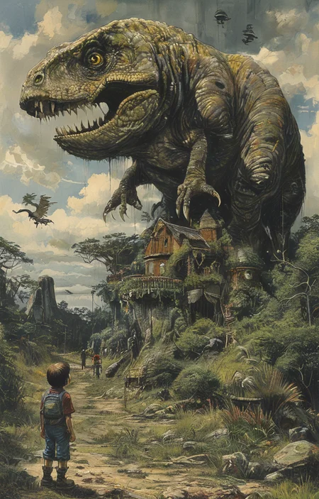 masterpiece,best quality,<lora:tbh275-sdxl:0.9>,illustration,style of William Stout,jurassic park, animals