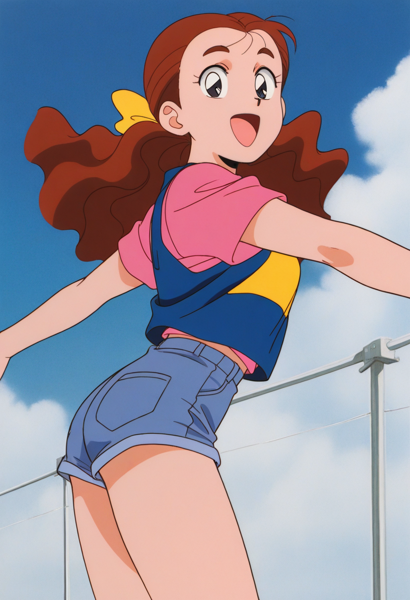 masterpiece, best quality, source_anime,official art,perfect_anatomy,1990s_\(style\),retro_artstyle,1girl,solo,Kirara Haruno,brown_hair,long_hair,yellow_bow,shirt,shorts,looking_at_viewer,smile,happy,open mouth,cowboy shot,thighs,hip,from side,day,blue_sky,cloud