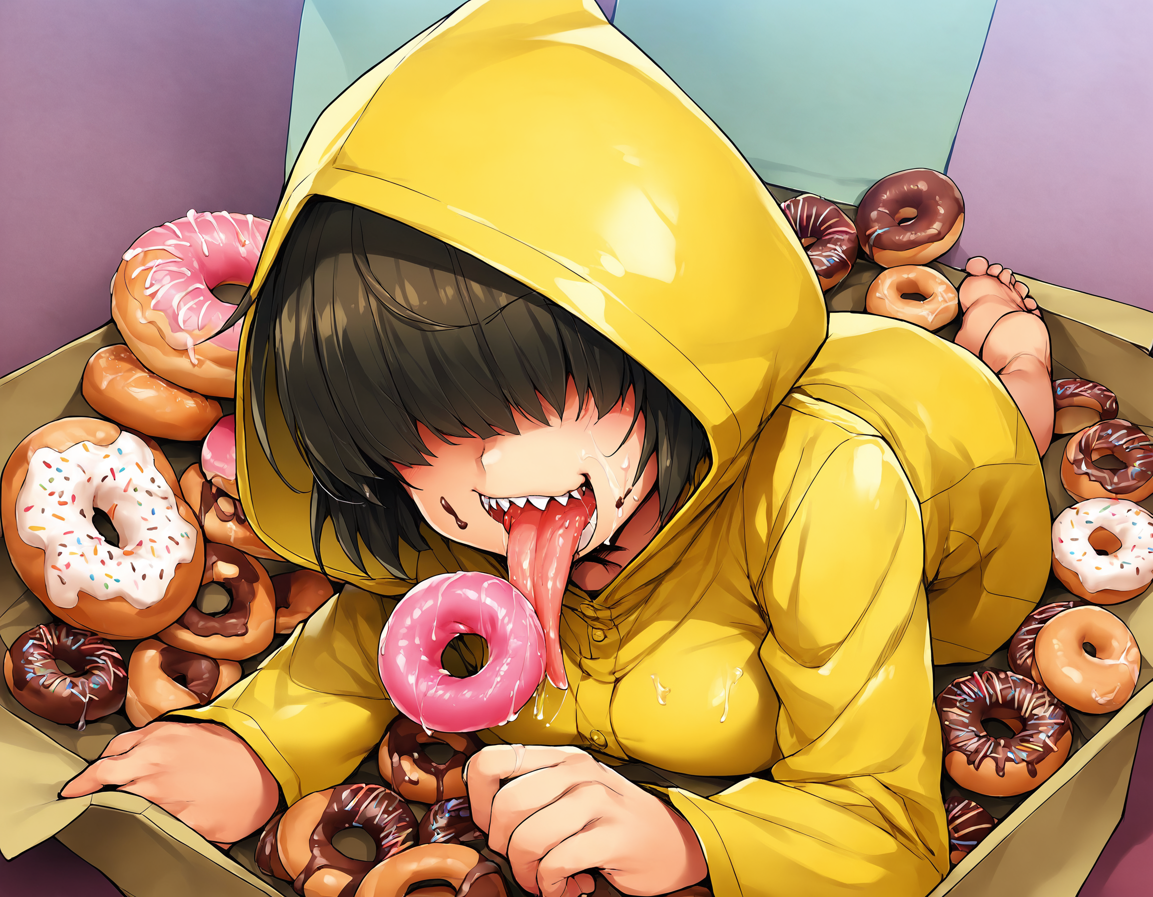 score_9, score_8_up, score_7_up, score_6_up, score_5_up, score_4_up, solo,
, naughty_face  ,
solo, 1girl, sixSDXL,short hair,black hair,hood,hood up,hair over eyes,raincoat,yellow raincoat,sharp teeth,cowboy shot,meduiem breast,all fours, thick_thighs , pov_crotch , looking at viewer, on stomach, tongue ,tongue_out ,very long tongue ,open mouth, saliva,saliva_trail ,saliva_drip ,licking donuts, chocolate doughnut, food on face, chocolate on face, covered in chocolate , box of donuts,in a box, doughnut background, best quality, highly detailed, masterpiece,<lora:Donutified_World_Morph:0.3>, <lora:NiseMIDIdoronokai_Ishikei_Assorted_Doujin_Artstyle_Blend_PonyXL:0.7>, zPDXL3 ,<lora:MeMaXL_V2:0.2>,  <lora:six:0.5>