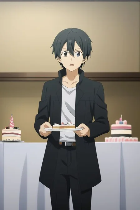high resolution, professional photography, best quality, 1Boy, Kazuto Kirigaya, Black Hair, Black Eyes, surprise, birthday surprise, funny, birthday cake, birthday party,