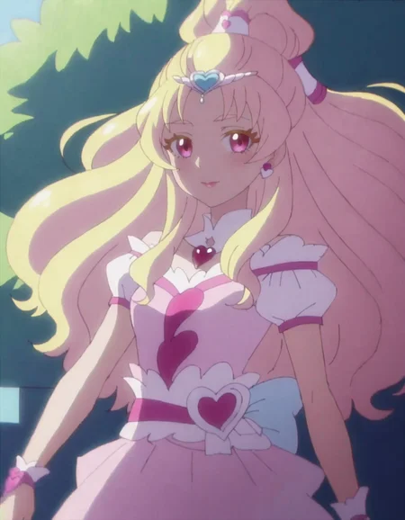 score_9, score_8_up, score_7_up,absurdres,solo,1girl,curetomorrow, heart brooch, looking at viewer, cowboy shot ,(anime screencap:0.25),<lora:curetomorrow:0.8>