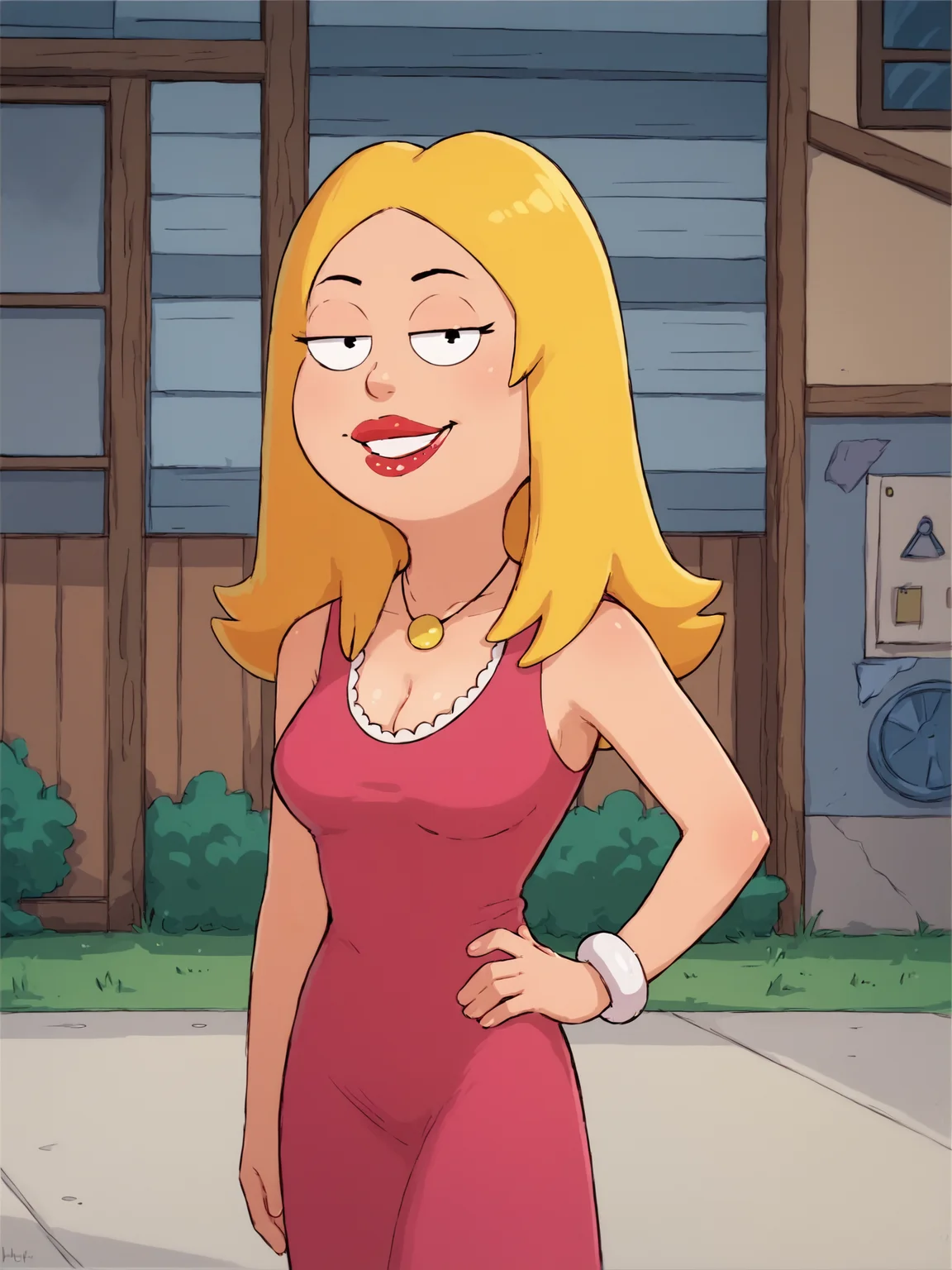 <lora:francinePony20epochs:1> francine,flat color, blonde hair, 1girl, long hair, white braclet, breasts, solo, necklace, cleavage, pink dress, dress, red lips, standing,looking at viewer,fit,outdoors, hand on own hip, breasts, smile, score_9, score_8_up, score_7_up, score_6_up, score_5_up, score_4_up