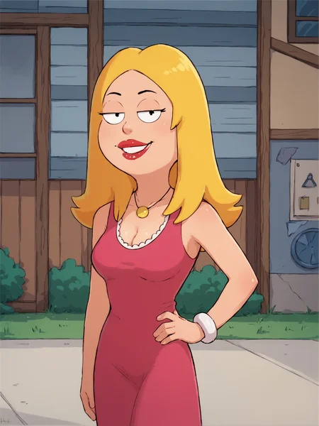<lora:francinePony20epochs:1> francine,flat color, blonde hair, 1girl, long hair, white braclet, breasts, solo, necklace, cleavage, pink dress, dress, red lips, standing,looking at viewer,fit,outdoors, hand on own hip, breasts, smile, score_9, score_8_up, score_7_up, score_6_up, score_5_up, score_4_up