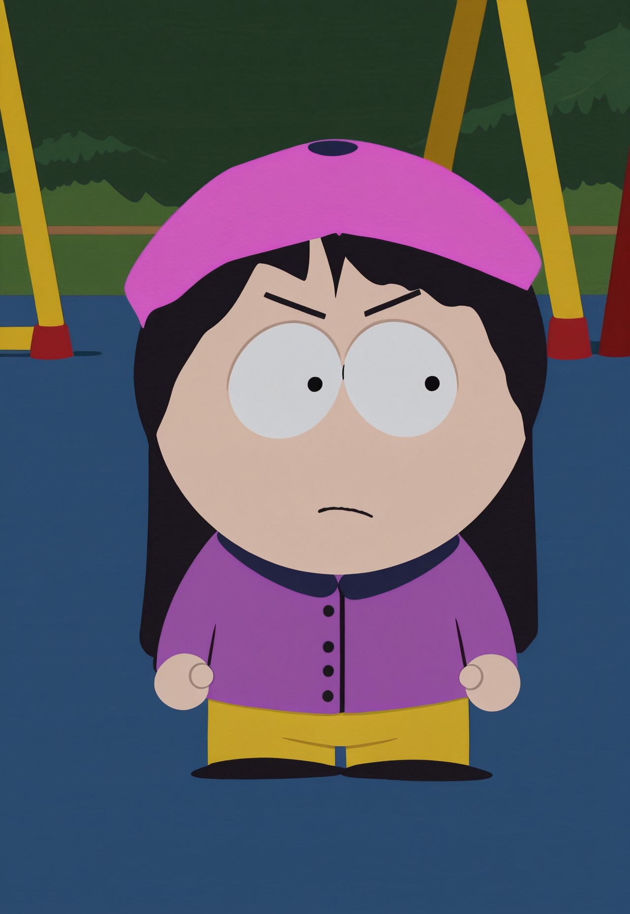 best quality, masterpiece, hi res, Wendy Testaburger from 1girl, solo, 1girl, black dot eyes, long black hair, parody,
pink beret, light purple jacket with a navy blue trim, navy blue gloves, yellow trousers
playground