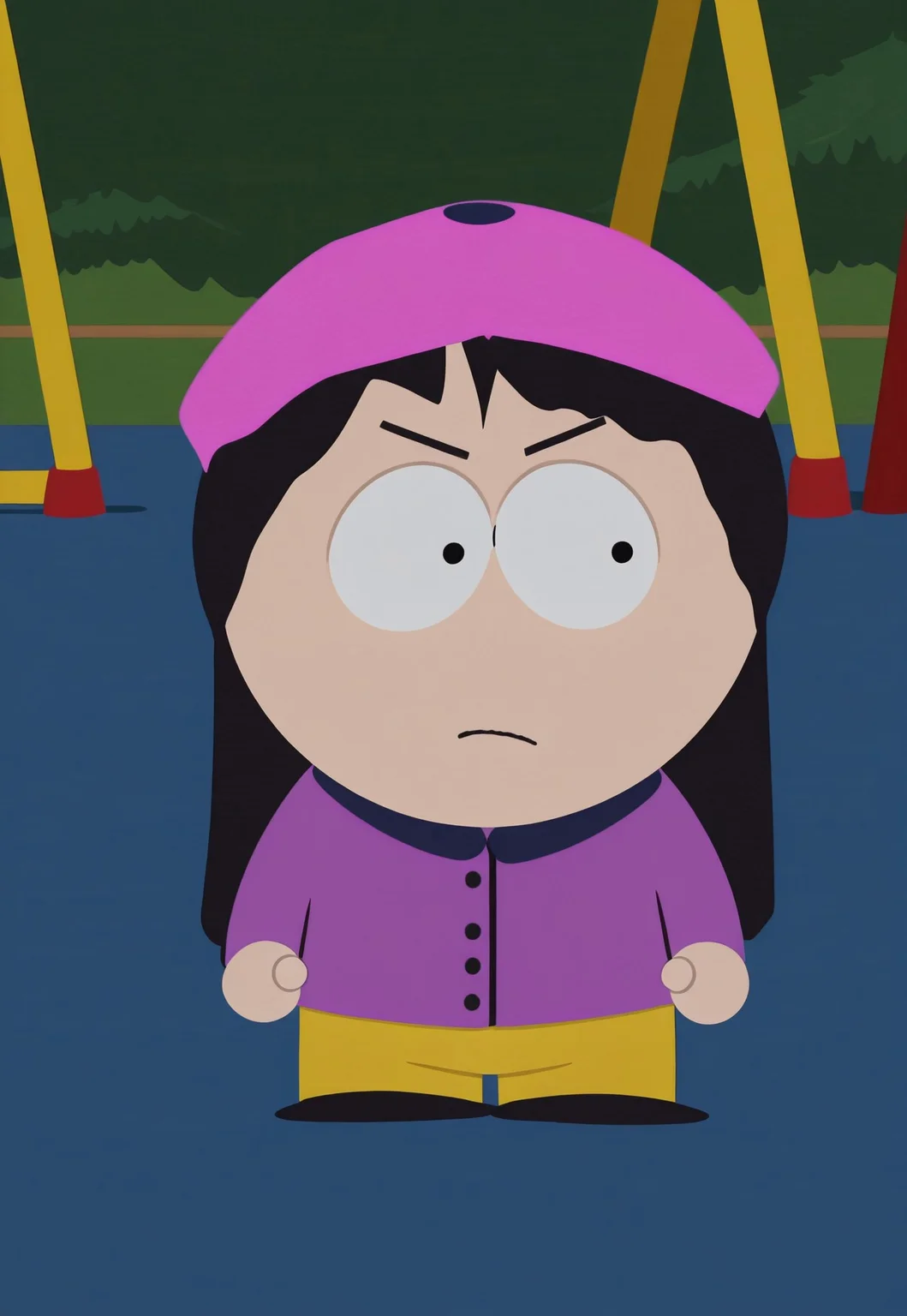 best quality, masterpiece, hi res, Wendy Testaburger from 1girl, solo, 1girl, black dot eyes, long black hair, parody,
pink beret, light purple jacket with a navy blue trim, navy blue gloves, yellow trousers
playground