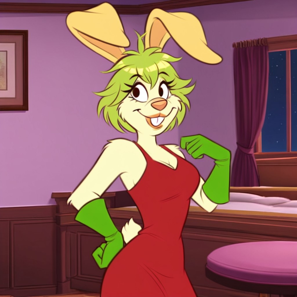 1girl, solo, vicky_coneja, anthro, buck teeth, rabbit girl, yellow rabbit ears, green hair, short hair, rabbit tail, red dress, green opera gloves, standing, closed mouth, looking at viewer, smiling, indoors