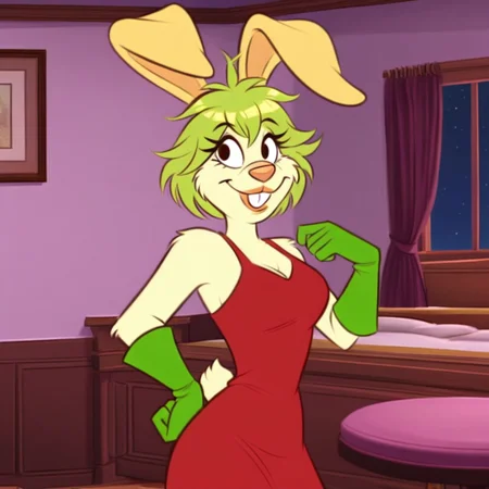 1girl, solo, vicky_coneja, anthro, buck teeth, rabbit girl, yellow rabbit ears, green hair, short hair, rabbit tail, red dress, green opera gloves, standing, closed mouth, looking at viewer, smiling, indoors