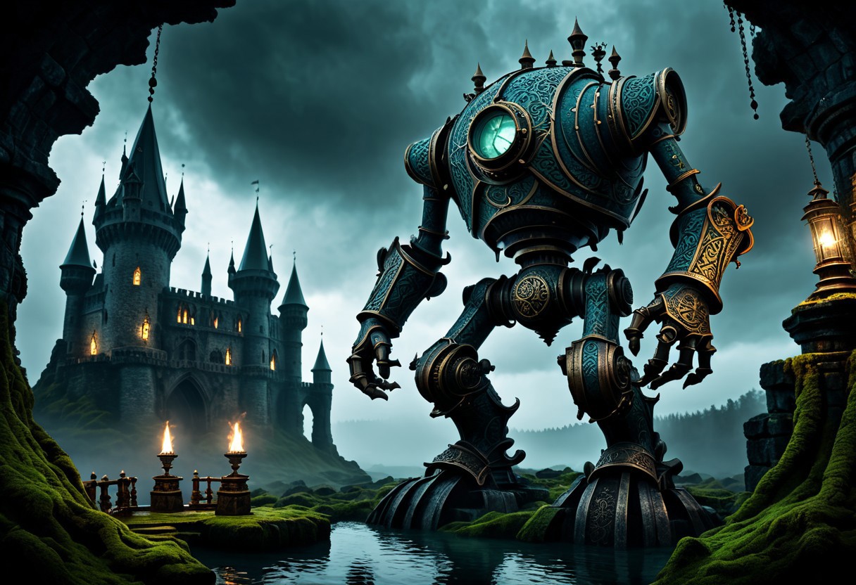 giant bipedal robot dirty pale blue and dark green, bronze paisley robot. lacy robot metal telescope head. outside of a steampunk keep. large detailed torso. dark image. one forty foot tall ancient robot with great arms and two heavy spring legs. dark foggy night background. $dark foggy night image only. dark photo realistic image. steampunk details. cogs, chains and pipes incorporated in the fantasy buildings. magic wizards tower in background. Dark swamp, moss, castle ruins, wizards tower. stormy dark night.  stormy sky.