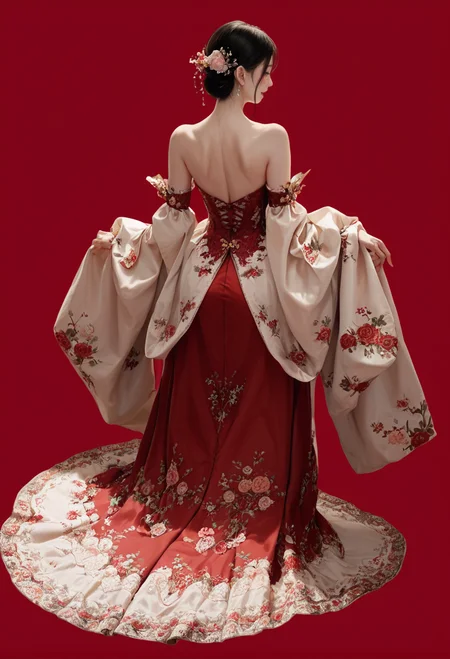 1girl,red background,,ruanyi1007,bare shoulders,detached sleeves,red dress,floral print,strapless dress,
full body,from behind,<lora:1007 Chinese wedding dress_v1_pony:1>, score_9, score_8_up, score_7_up, score_6_up, score_9, score_8_up, score_7_up, score_6_up source_anime, blush, 1girl, seduce smile, perfect body , natural huge breasts