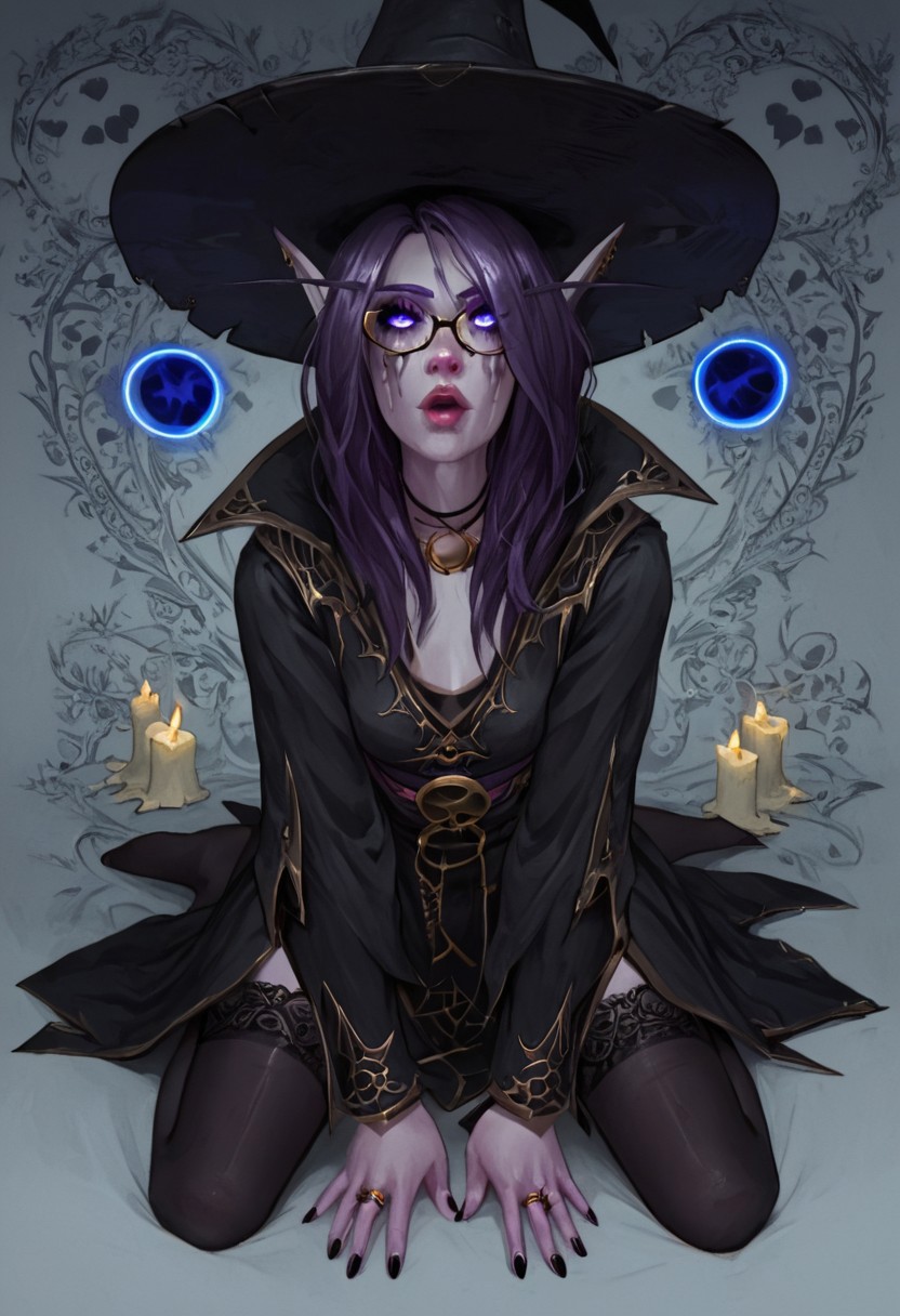 masterpiece, score_9, score_8_up, score_7_up, score_6_up, score_5_up, score_4_up, 1girl, glowing purple eyes, light purple skin, Void elf, elf ears, long hair, purple hair, purple skin, petite body, playful, hearts, very cute, sexy black witch outfit, black witch hat, black thighhighs, kneeling, mouth open, looking up at viewer orgasm, witch hut background, d3t41l3d, 4ng3l face, W1tchyC0ttagec0re, eyeliner, heavy makeup, eye makeup, witch cottage, full body view, dynamic lights, high contrast, absurdred
(high detailled background), detailled face, alchemist lab background, bookshelf, alchemist tools, candles, glasses, books