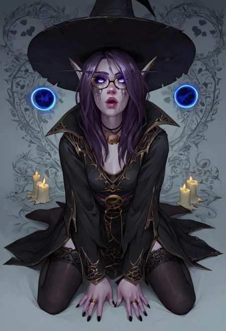 masterpiece, score_9, score_8_up, score_7_up, score_6_up, score_5_up, score_4_up, 1girl, glowing purple eyes, light purple skin, Void elf, elf ears, long hair, purple hair, purple skin, petite body, playful, hearts, very cute, sexy black witch outfit, black witch hat, black thighhighs, kneeling, mouth open, looking up at viewer orgasm, witch hut background, d3t41l3d, 4ng3l face, W1tchyC0ttagec0re, eyeliner, heavy makeup, eye makeup, witch cottage, full body view, dynamic lights, high contrast, absurdred
(high detailled background), detailled face, alchemist lab background, bookshelf, alchemist tools, candles, glasses, books