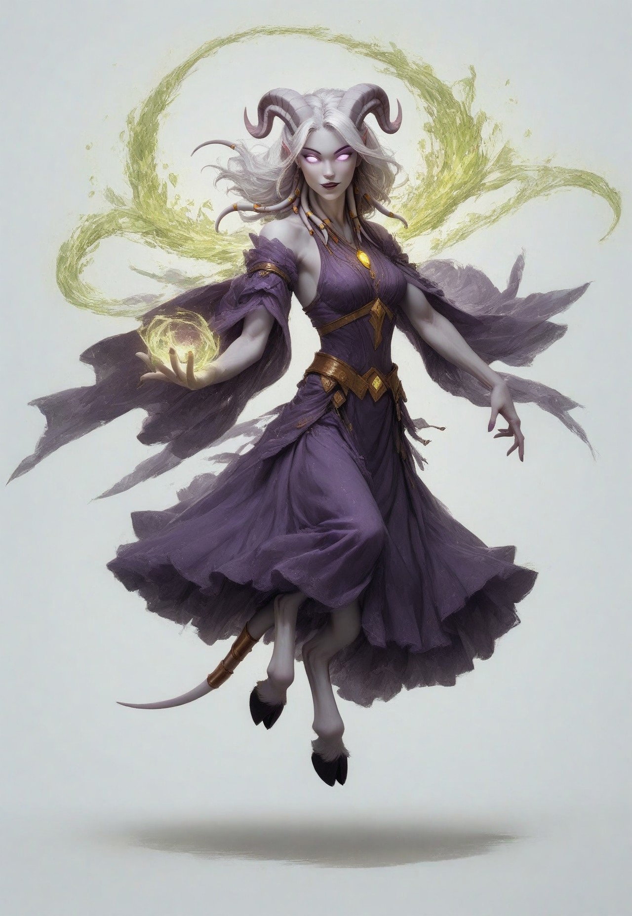 (absurdres, highres, best quality, masterpiece:1.4), 
score_9, score_8_up, score_7_up, score_6_up, 
detailed, 
detailed body, 
detailed face, 

(culDraenei, 
female, 
purple eyes, 
no sclera, 
no pupils, 
athletic, 
tall, 
slim, 
pale skin,
grey skin, 
long ears),

loose long purple dress,  
yellow pendant, 
sleeveless, 
magical spell, green aura, 

cheerful, 
(((full body))), 
posing, 
floating, 

(((white background, plain background))), 
(((no objects in background)))