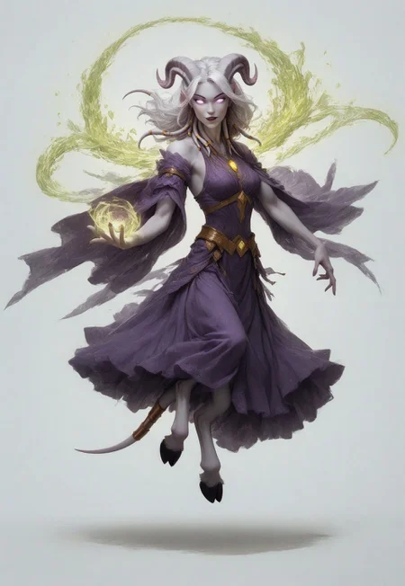 (absurdres, highres, best quality, masterpiece:1.4), 
score_9, score_8_up, score_7_up, score_6_up, 
detailed, 
detailed body, 
detailed face, 

(culDraenei, 
female, 
purple eyes, 
no sclera, 
no pupils, 
athletic, 
tall, 
slim, 
pale skin,
grey skin, 
long ears),

loose long purple dress,  
yellow pendant, 
sleeveless, 
magical spell, green aura, 

cheerful, 
(((full body))), 
posing, 
floating, 

(((white background, plain background))), 
(((no objects in background)))