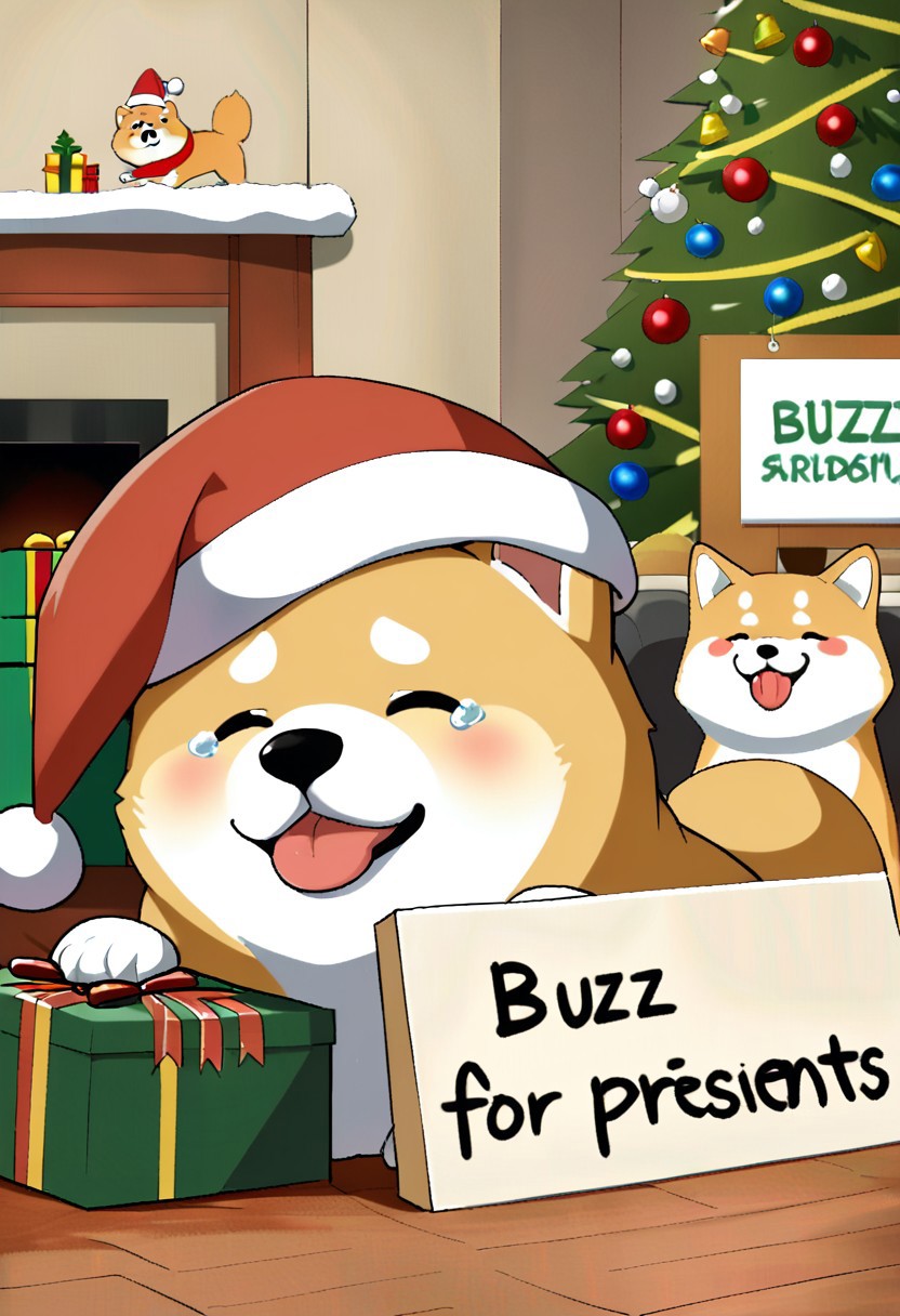 1dog, Shiba inu, crying, sad dog wearing santa hat, living room
(((Sign that says "Buzz For Presents"))), Christmas tree