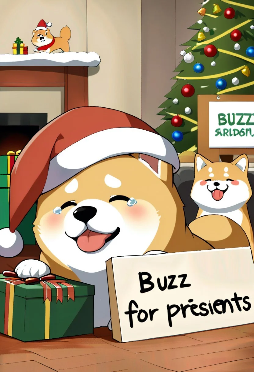 1dog, Shiba inu, crying, sad dog wearing santa hat, living room
(((Sign that says "Buzz For Presents"))), Christmas tree
