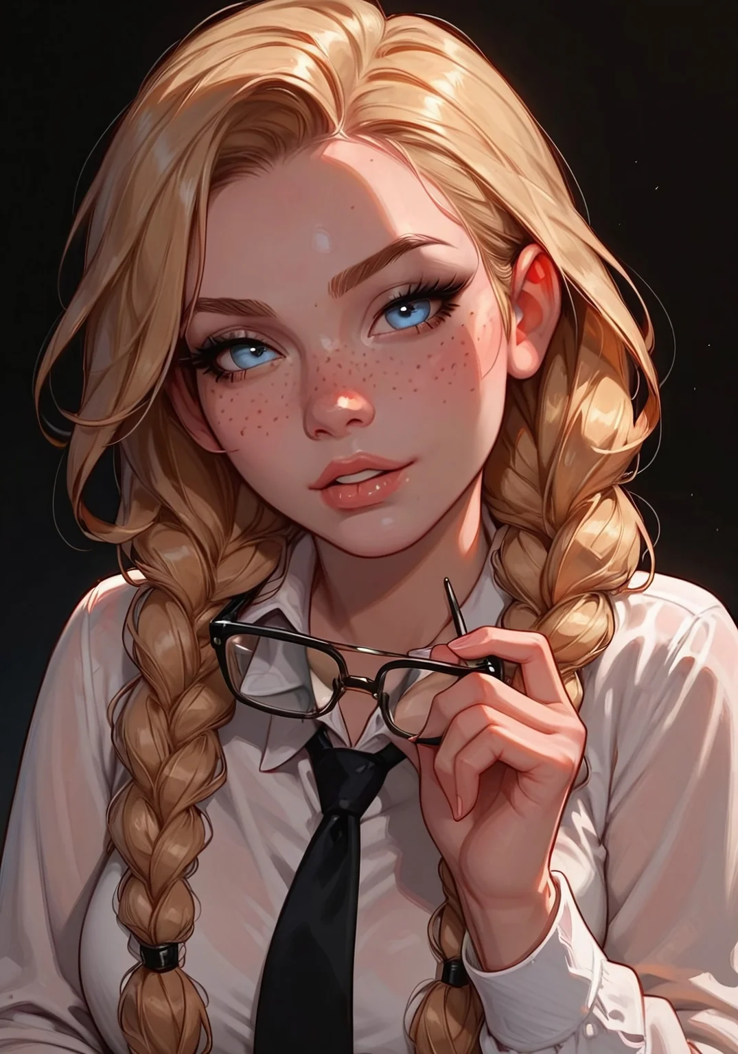 safe_pos, score_9, score_8_up, score_7_up, score_6_up, ((1girl)), cute innocent girl, ((seductive:1.2)), cute face, light blue eyes, (full pouty lips), (bold black eyeliner), ((freckles)), (twin braids), ((blonde hair)), ((head tilted)), perfect face, perfect eyes,
dark background, white shirt, black tie, stern glasses BREAK.,
hud_b1te_gl4sses, eyewear removed, holding eyewear, parted lips, biting glasses, seductive facial expression,