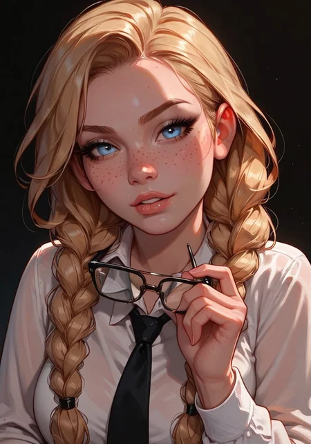 safe_pos, score_9, score_8_up, score_7_up, score_6_up, ((1girl)), cute innocent girl, ((seductive:1.2)), cute face, light blue eyes, (full pouty lips), (bold black eyeliner), ((freckles)), (twin braids), ((blonde hair)), ((head tilted)), perfect face, perfect eyes,
dark background, white shirt, black tie, stern glasses BREAK.,
hud_b1te_gl4sses, eyewear removed, holding eyewear, parted lips, biting glasses, seductive facial expression,