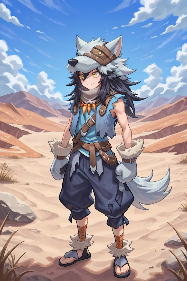 <lora:FlunkyIL:0.8> , fludef, 1boy, black hair, long hair, yellow eyes, wolf hat, wolf hood, wolf pelt, wolf tail, grey scarf, bandana around neck, necklace, tooth necklace, fur trim, blue vest, torn clothes, paw gloves, sandals, full body, wasteland, mountains, exterior, smile, (solo), masterpiece, very aesthetic, absurdres, best quality, amazing quality, high resolution, detailed background, <lora:illustrious_quality_modifiers_masterpieces_v1:0.8> , <lora:ChamIllustriousBackgroundEnhancer:0.5>
