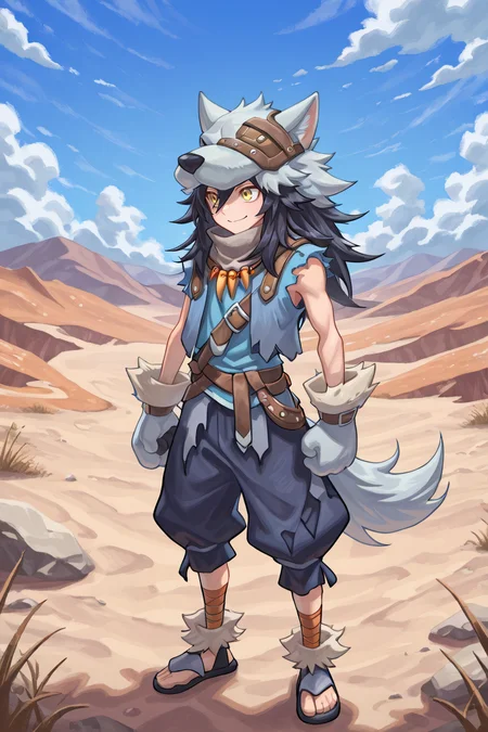 <lora:FlunkyIL:0.8> , fludef, 1boy, black hair, long hair, yellow eyes, wolf hat, wolf hood, wolf pelt, wolf tail, grey scarf, bandana around neck, necklace, tooth necklace, fur trim, blue vest, torn clothes, paw gloves, sandals, full body, wasteland, mountains, exterior, smile, (solo), masterpiece, very aesthetic, absurdres, best quality, amazing quality, high resolution, detailed background, <lora:illustrious_quality_modifiers_masterpieces_v1:0.8> , <lora:ChamIllustriousBackgroundEnhancer:0.5>