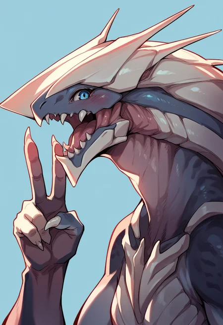score_9, score_8_up, score_8, source_anime, 1girl, source_furry, source_monster, <lora:Khanivore:0.75> solo, monster, blue eyes, looking at viewer, view from side, upper body, blush, v sign,
light blue background, simple background,