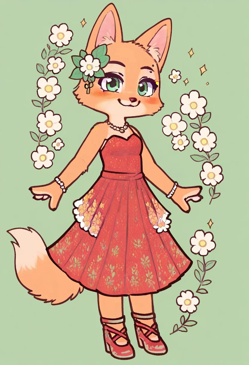 score_9, score_8, score_7, score_8_up, score_7_up, score_6_up, anthro, furry, cute, Diane Foxington, ginger fur, beautiful dress, red dress, detailed dress, swirls