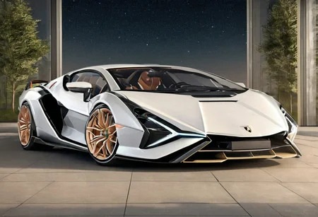 masterpiece, ( best quality:2.4), Lamborghini,( white Lamborghini Sian FKP37:2.5), Lamborghini Sian, ( parked in front of modern and minimalist house:1.8), ( City Background:1.5), ( trees:1.2),( night with dark and starry sky:1.9), ( Photorealistic:1.6), ( hyperrealistic:1.6)