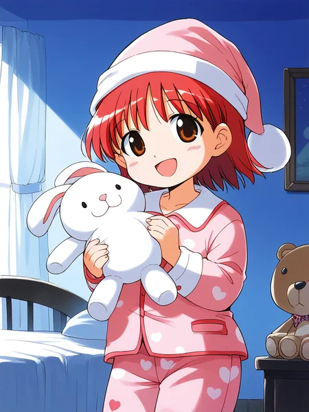 score_9, score_8_up, score_7_up, source_anime, rating_explicit, BREAK <lora:momo_shunrai_XL:1> momo_ shunrai, short stack, short hair, red hair, brown eyes,
pink pajamas, rabbit stuffed toy, pink night cap, stuffed animal, 1girl, open mouth, solo,
room, flooring, curtain,
smile, standing,
looking at viewer,
cowboyShot,