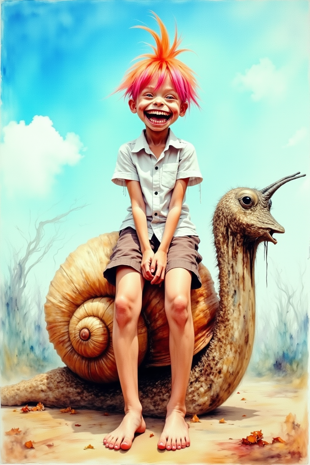 A young, fit chick with a rad orange and pink mohawk, rocking a white button-up shirt and brown shorts, is sitting on a massive, cartoonish snail with round, funky glasses. She's grinning wide and barefoot. The backdrop is a sunny, blue sky and a blurred landscape, giving off a fun, whimsical vibe,
Dark Art
