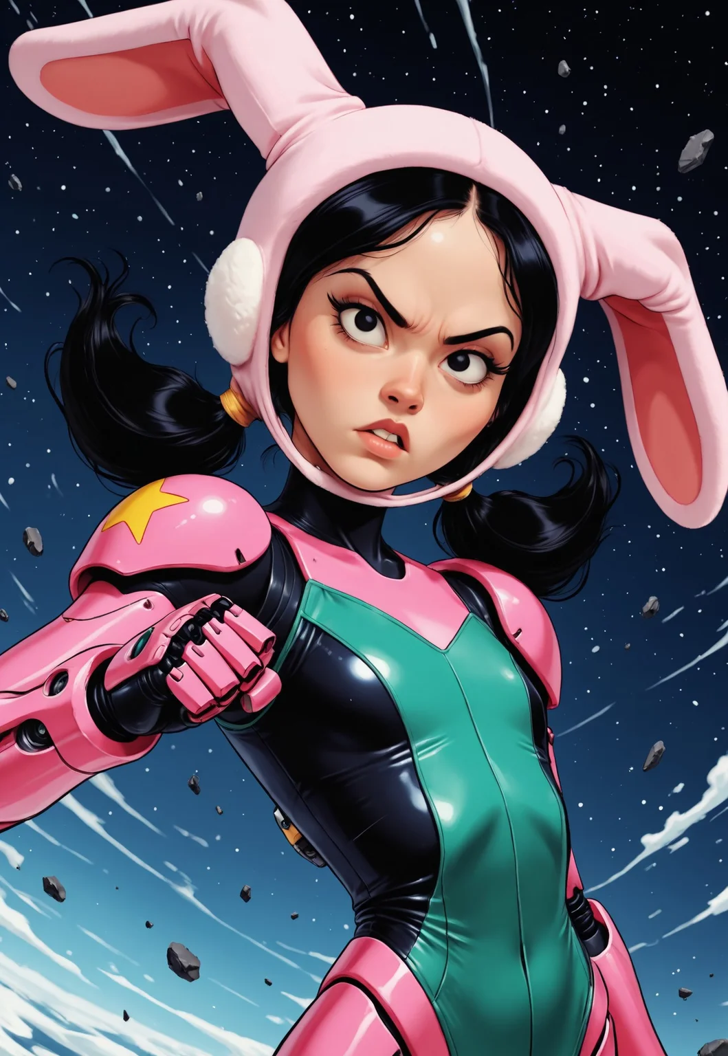 masterpiece, best quality, amazing quality, very aesthetic, absurdres, newest,
1girl, Louise_B_Shadman, medium hair, black hair, dark eyes, eyelashes, pigtails, cute, shortstack, upper body, pink hat, rabbit hat, green top, (mecha musume), dynamic, dynamic angle, ((solo)), c7ilf, parted lips, dynamic pose, fighting stance, looking at viewer, portrait, flat chest, action, dynamic action,