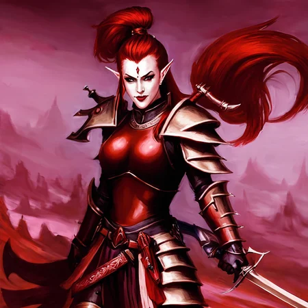 <lora:aeldari_xl_5:1>aeldari, drukhari, standart drukhari, 1girl, solo, long hair, smile, hair ornament, ponytail, weapon, red hair, pointy ears, sword, hand on hip, blood, makeup, knife, lipstick, shoulder armor, pauldrons, breastplate, blood on face, dagger, blood on weapon, armor, drukhari's armor