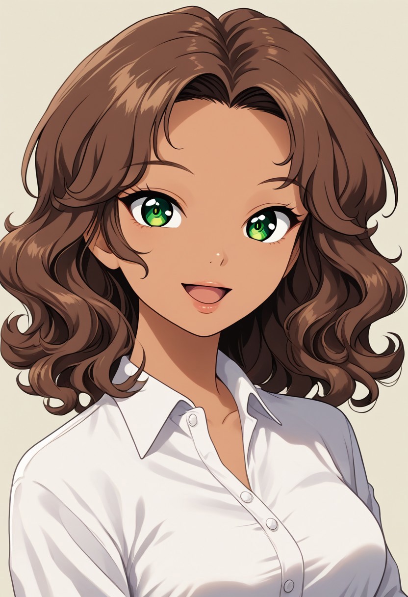 simple background, 
female, solo, upper body, looking at viewer, smile, 
oc01bmwHgEdS, dark-skinned female, green eyes, detailed eyes, brown hair, medium hair, wavy hair, forehead, lips, open mouth, medium breasts,
white shirt, collared shirt, long-sleeves, jeans,