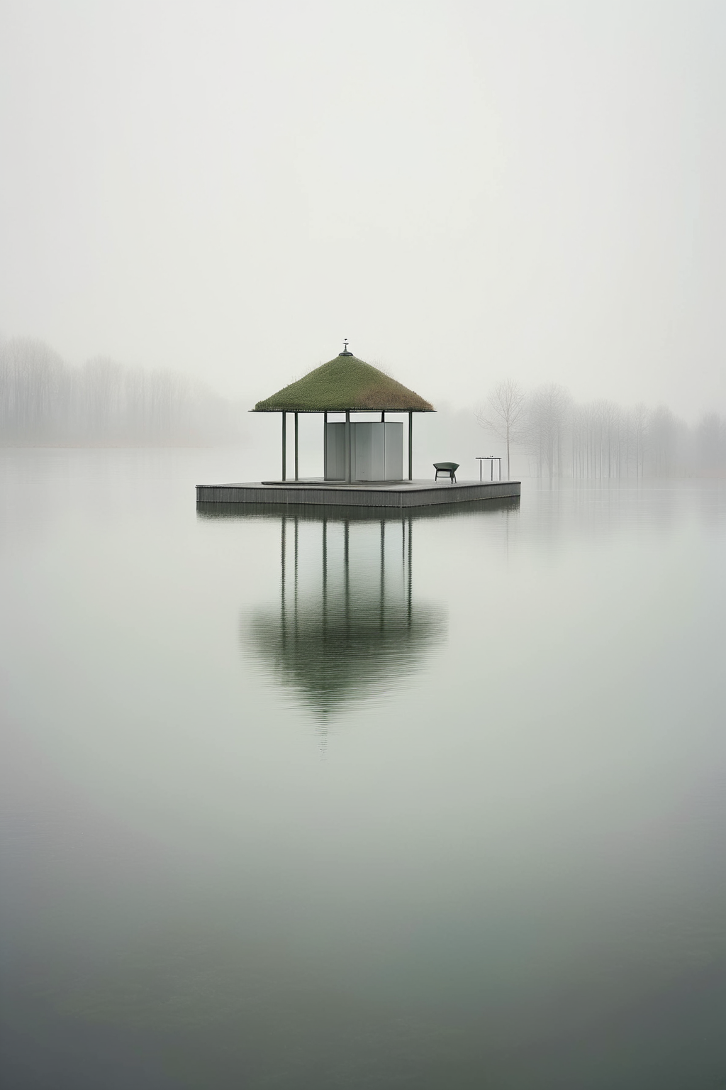 <lora:Akos Major style:1>Akos Major style - The small island on the lake has a simple pavilion.