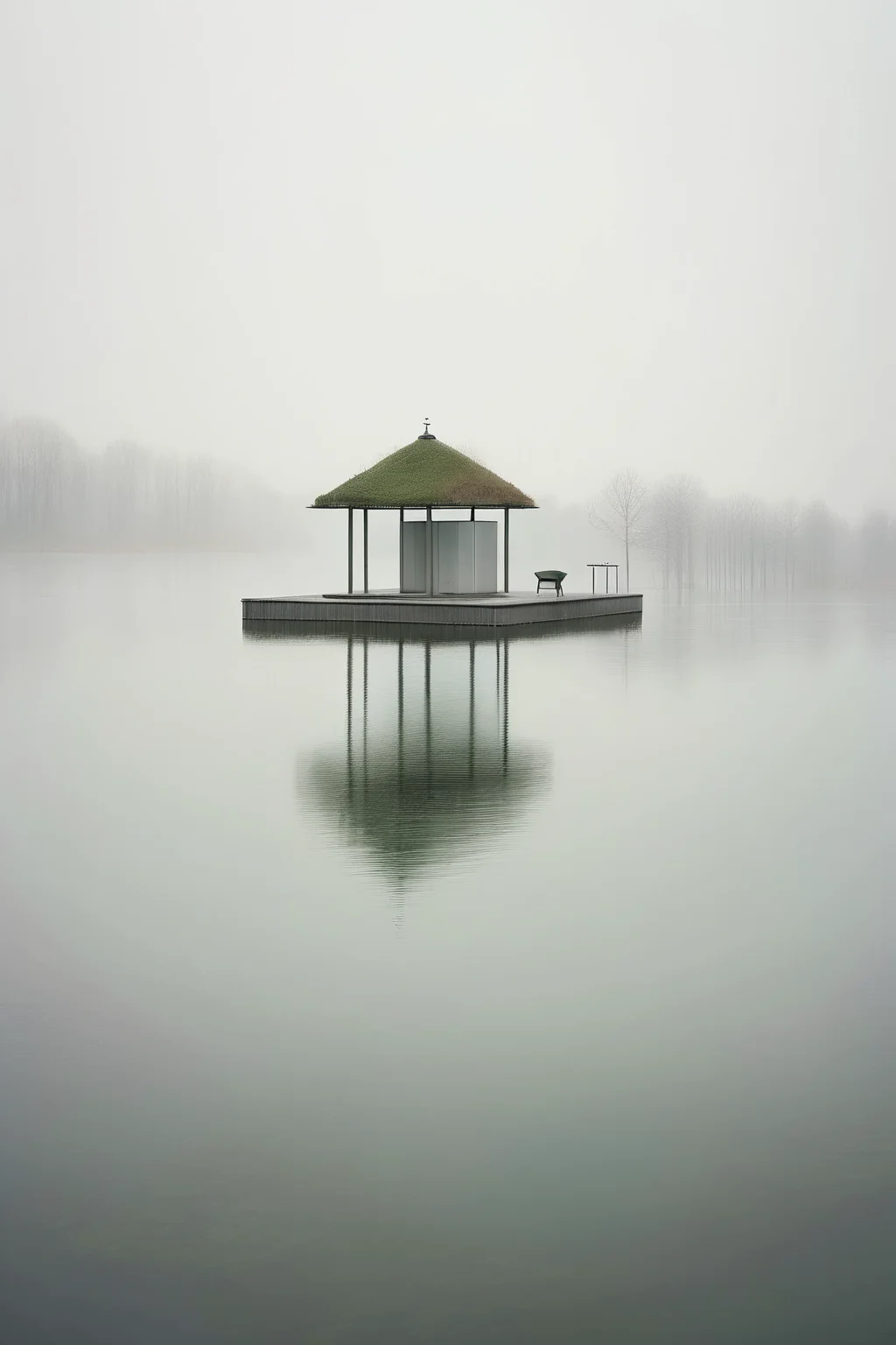 <lora:Akos Major style:1>Akos Major style - The small island on the lake has a simple pavilion.