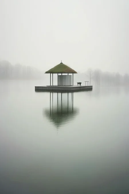<lora:Akos Major style:1>Akos Major style - The small island on the lake has a simple pavilion.