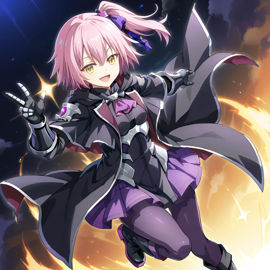 1girl, solo, ultima, slit pupils, pink hair, purple hair, short hair, side ponytail, yellow eyes, bangs, hair between eyes, breasts, small breasts, purple ribbon, purple bow, hair ornament, black shirt, purple ascot, purple skirt, purple pantyhose, boots, black footwear, open jacket, black armored dress, black coat, black jacket, gloves, black gauntlets, smile, open mouth, (smug:1.1),
<lora:Ultima:0.8>